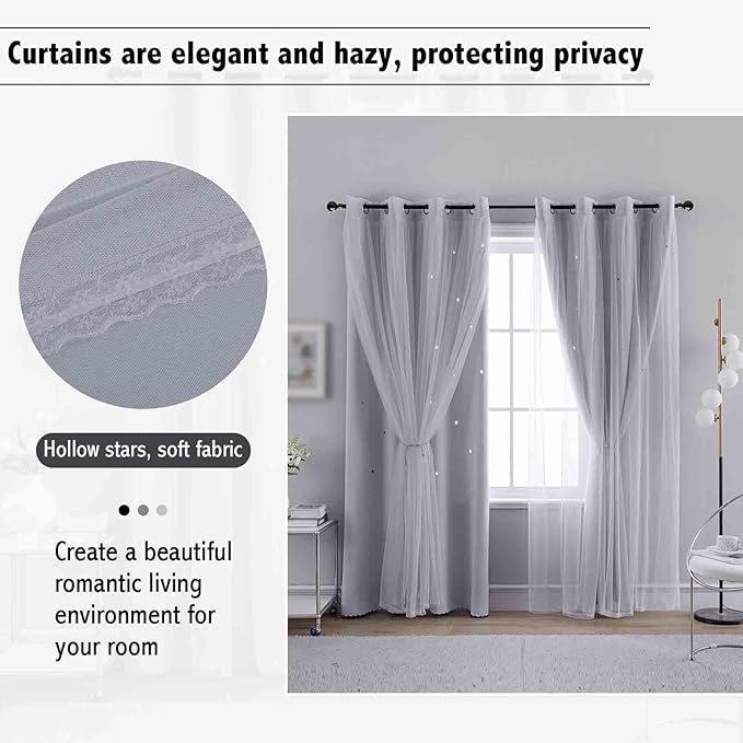 Anytime Romantic Kids Curtain,Hollow-Out Stars Window Curtain Double Layer Blackout Curtains for Girls Bedroom Kids Room 2Panel,(W52 x L84,Greyish White)