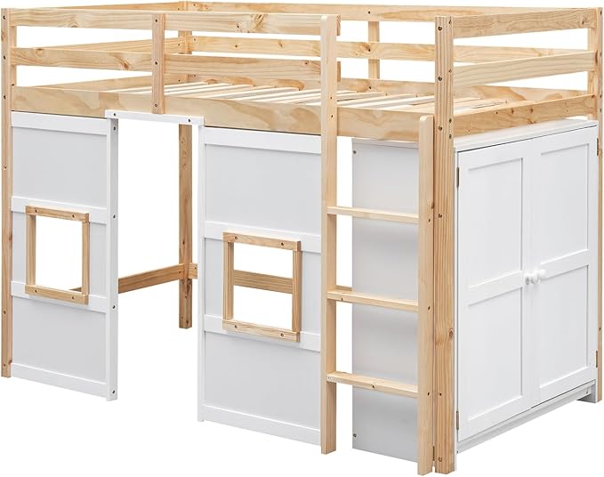 Playhouse Design Twin Size Loft Bed with Built-in Storage Wardrobe and 2 Windows, Solid Wood Loft Bed Frame with Safety Guardrail for Kids Teens Boys Girls, Space-Saving (Whit+Natural)