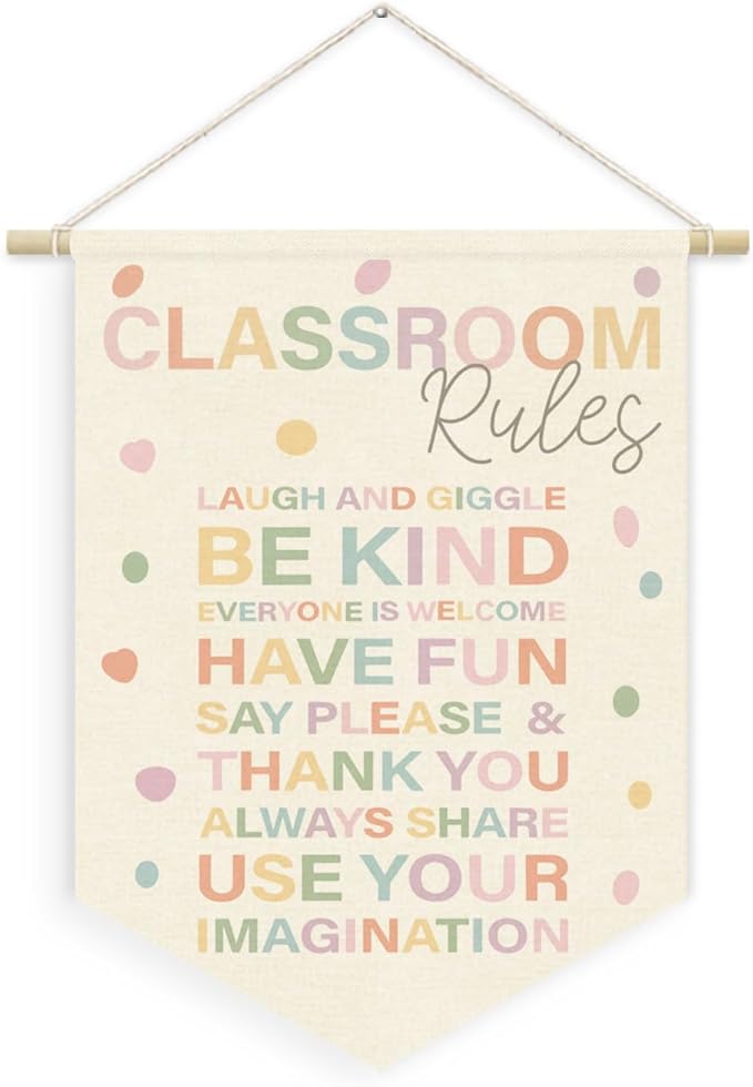 Classroom Rules Linen Canvas Banner, Teacher Must Haves for Classroom, Positive Educational Learning Wall Hanging Pennant Flag Banner for Preschool Homeschool Kindergarten Decor, 15x11in