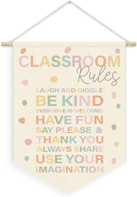 Classroom Rules Linen Canvas Banner, Teacher Must Haves for Classroom, Positive Educational Learning Wall Hanging Pennant Flag Banner for Preschool Homeschool Kindergarten Decor, 15x11in
