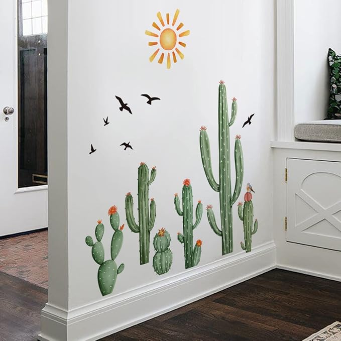 Boho Cactus Wall Decals Boho Sun Wall Stickers Tropical Cacti Green Plants with Birds Wall Decals for Living Room, Bedroom, Kitchen, Dining Room