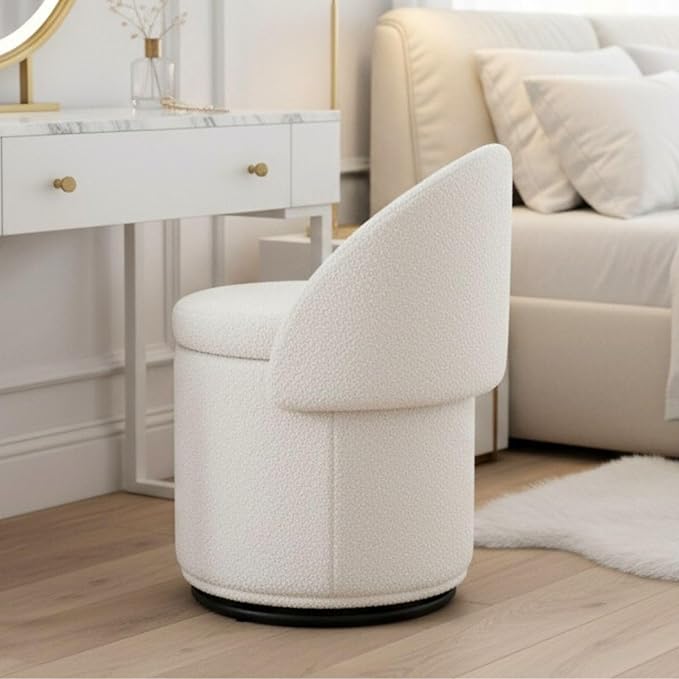 LukeAlon Sherpa Makeup Ottoman with Storage, Upholstered 360° Swivel Vanity Stool with Foldable Backrest Modern Cylindrical Footrest Stool for Living Room Bedroom, White