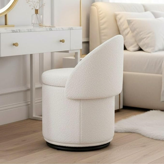 LukeAlon Sherpa Makeup Ottoman with Storage, Upholstered 360° Swivel Vanity Stool with Foldable Backrest Modern Cylindrical Footrest Stool for Living Room Bedroom, White