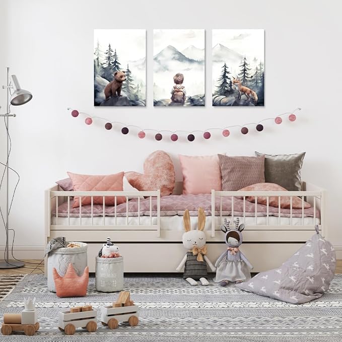 Baby Boy with Animals Adventure Nursery Decor, Adventure Toddler Decor, Watercolor Woodland Forest Nursery Wall Decor for Boy's Bedroom, Outdoor Children's Room Decor Print, Framed Set of 3, 12"x16"