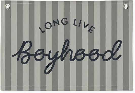 Boys Room Decor, Long Live Boyhood Linen Banner Hanging Flag, Vintage Stripes Banner Nursery Playroom Kids Bedroom Dorm Toddler Decorations Trendy Room Decor, Gifts for Teens 30x20 boyroom