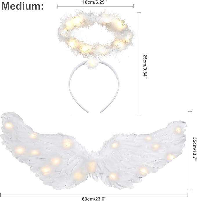 Angel Wings, Light Up Angel Wings and Halo with LED Lights, White Angel Wings Costume for Adult Women Kids Halloween Xmas