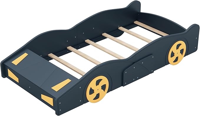 Harper & Bright Designs Twin Size Race Car-Shaped Platform Bed with Wheels and Storage, Dark Blue+Yellow