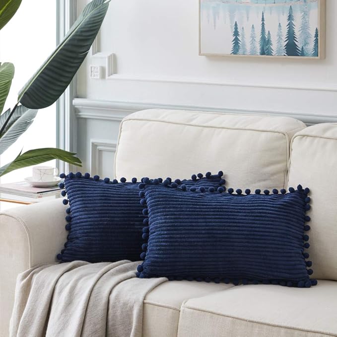 Fancy Homi 2 Pack Navy Blue Lumbar Decorative Throw Pillow Covers 14x24 Inch with Pom-poms for Couch Bedroom Sofa, Farmhouse Boho Home Decor, Soft Corduroy Solid Rectangle Cushion Case 35x60 cm