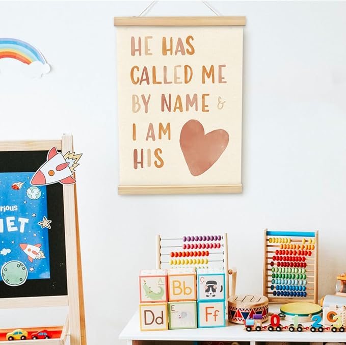 PLKMN Christian Nursery Wall Decor, He Has Called Me by Name Wall Art with Wooden Poster Hanger, Boho Heart Christian Wall Decor for Nursery Kids Room Sunday School Preschool Classroom, 12x16 Inch
