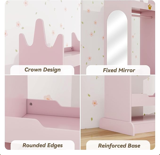 Kids Dress Up Storage with Mirror, Kids Open Hanging Armoire & Costume Storage Dresser, Costumes Wardrobe Closet for Bedroom, Nursery, Preschool, Pink