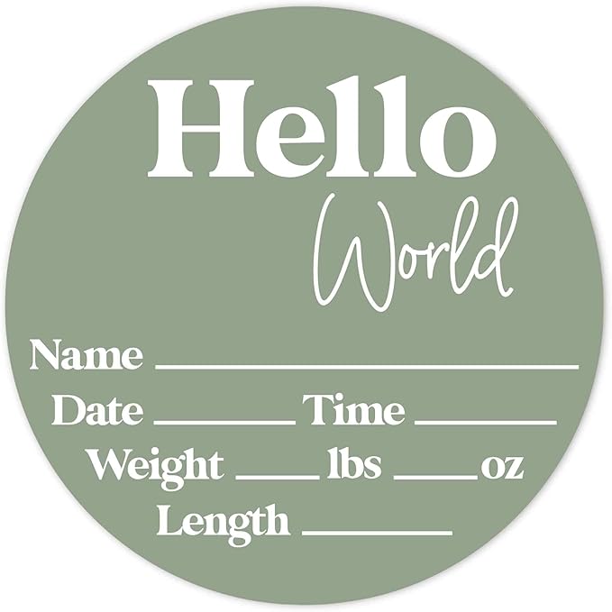 Hello World Newborn Sign - Baby Name Birth Announcement Plaque for Hospital - Photo Prop - Sage Green Nursery Decor - Shower Gift