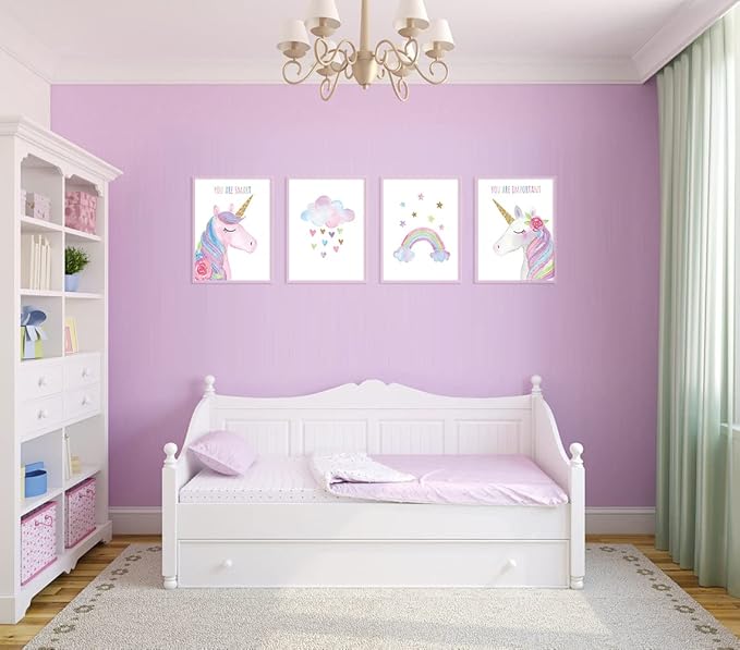 Watercolor Unicorn Nursery Wall Art Girls Room Decor Inspirational Rainbow Flower prints Baby Girls Room Poster Colorful Picture Cute Paintings for Kids Room Lovely Gift (8x10 inch，Set of 4，Unframed)