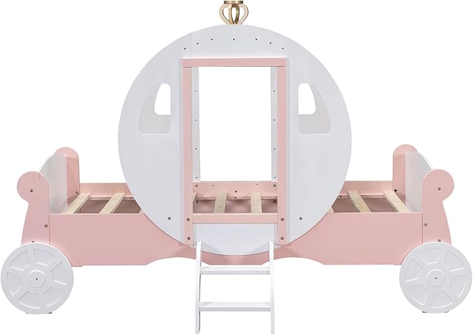 Cute Twin Size Princess Carriage Bed with Crown and Stair,Solid Wood Platform Car Bed Frame with 2 Doors,Headboard and Footboard,Safety Wood Slats for Kids Boys Girls (White+Pink-s18)