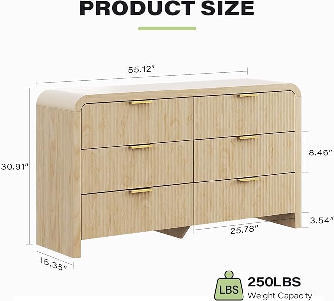 Angel Sar 55" Modern Fluted 6 Drawer Dresser for Bedroom, Wooden Bedroom Dresser with Arched Tabletop, Wave Pattern Design & Gold Handles, Closet Chest of Drawers for Clothes Storage, Natural Wood