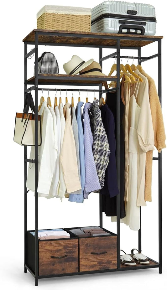 CAPHAUS 550lbs Capacity Garment Rack for Hanging Clothes, Heavy Duty Metal Open Wardrobe w/Hanging Rods & Drawers, Free Standing Closet Organizer, Metal Closet w/Wooden Boards, Rustic Oak Board