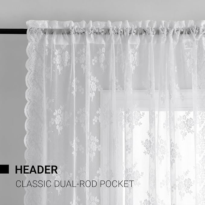 Kotile White Lace Curtains 96 Inches Long - Premium Country Floral Scalloped Lace Panel Curtains for Living Room, Antique White Floral Sheer Lace Curtains for Windows, 52 x 96 Inch, 2 Panels, White