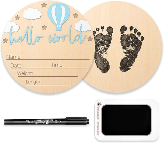 Baby Birth Announcement Sign with Marker Pen, Hot Air Balloon and White Cloud Baby Name Sign with Ink Pad, Hello World Newborn Announcement Nursery Decor Keepsake Gifts (Blue)