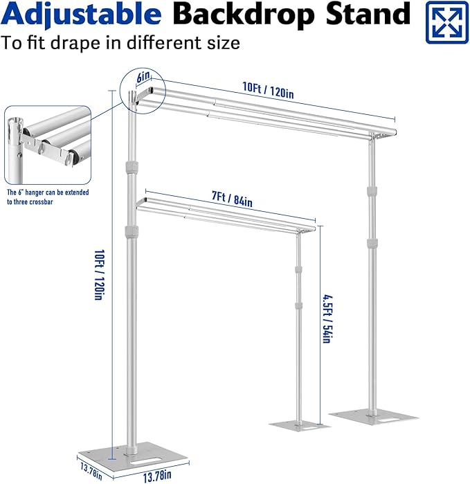 Hecis10ftx10ft Double Crossbar Pipe and Drape Stand, Heavy Duty Backdrop Stand, Adjustable Metal Background Stand for Parties Birthday Party Baby Shower Wedding Decorations