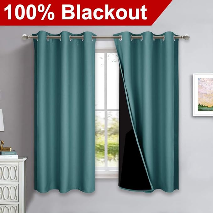NICETOWN 100% Blackout Short Curtains with Black Liners, 2 Panels, 37" W by 50" L, Sea Teal, Solid Thermal Insulated Full Blackout 2-Layer Lined Drapes, Energy Efficiency Window Draperies for Bedroom
