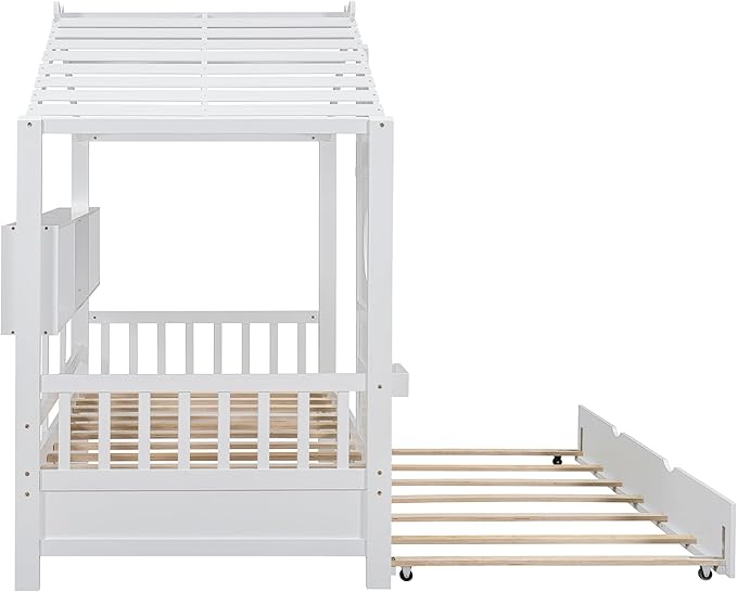 Twin Size Wooden House Bed with Trundle, Modern Design Kids Bed Frame with Storage Shelf for Kids Teens Adults, Wood Slat Support, No Box Spring Needed, Easy Assembly (White)