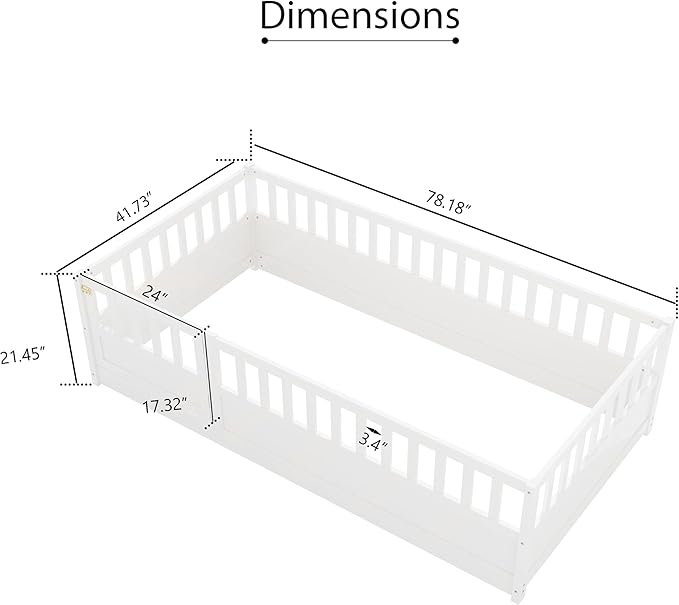 GDFStudio Twin Size Toddler Floor Bed Frame with Door & Guardrails, Toddler Twin Bed Frame for Kids Boys Girls, Low to Floor Child Bed Rail Design, Wooden Floor Bed for Baby, No Support Slat, White