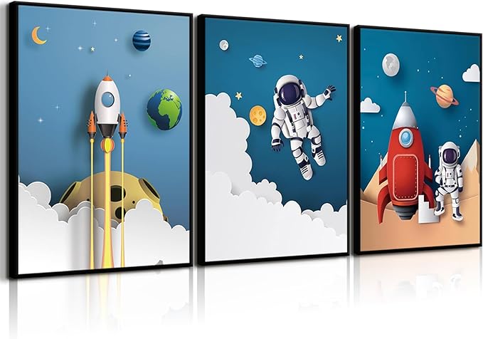 3Pcs Astronaut Canvas Wall Art Nursery Space Adventure Wall Decor Whimsical Space Themed Posters Artwork Rocket Spaceship Prints Pictures for Kids Room Boys and Girls Bedroom (16x24in Poster)