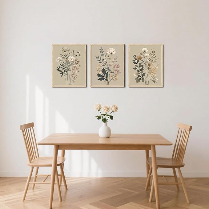 CHMMART 3 Piece Botanical Floral Framed Wall Art Vintage Flower Canvas Art Prints Wildflower Pictures Wall Decor Nature Painting Artwork for Living Room Bedroom Bathroom 12x16in