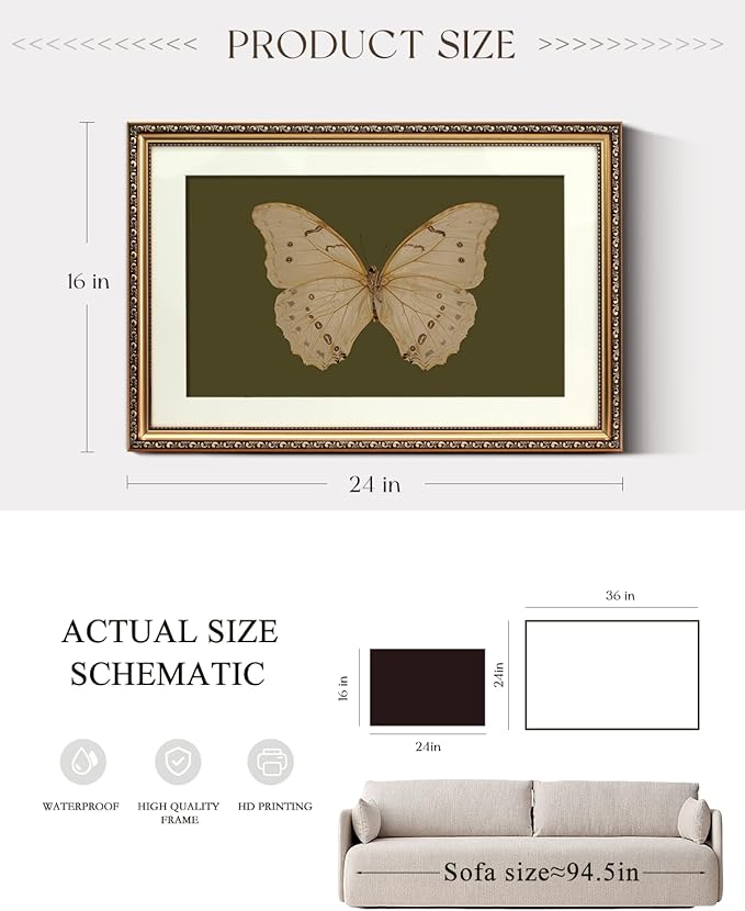 ARPEOTCY Vintage Gold Framed Large Wall Art, Classical White Butterfly Paintings, Dark Moody Green Canvas Prints Artwork with Antique Frame, Victorian Wall Decor for Gallery Living Room 16x24 inch