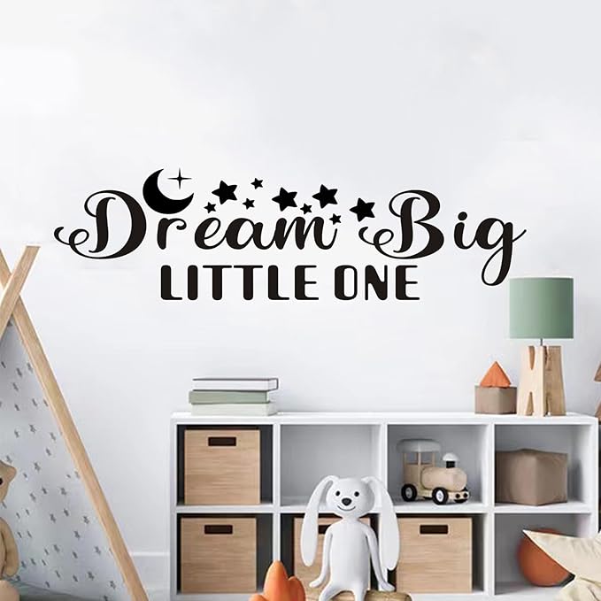Baby Quotes Wall Stickers for Nursery: Kids Inspirational Positive Moon Stars Vinyl Art Wall Decals - Bedroom Playroom School Wall Decor - Dream Big Little One 25" X 7"
