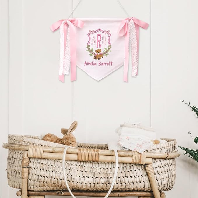 Embroidered Baby Name Sign with Bows Personalized Baby Announcement Sign Newborn Baby Banner Baby Hospital Name Sign Canvas Hanging Pennant Flag Custom Infant Baby Name Baby Shower Banner (06)