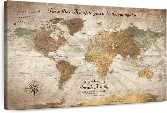 ElephantStock - Personalized Be The Navigator I Push Pin World Map Wall Art - Horizontal Canvas Wall Art - Living Room Wall Decor - Digital Art Map Canvas Art - Brown And Beige Decor - 30" x 20"