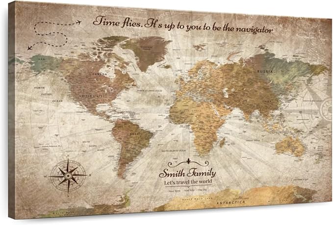 ElephantStock - Personalized Be The Navigator I Push Pin World Map Wall Art - Horizontal Canvas Wall Art - Living Room Wall Decor - Digital Art Map Canvas Art - Brown And Beige Decor - 36" x 24"
