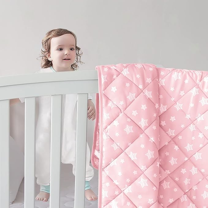 Baby Blanket for Boys and Girls, Soft Cozy Toddler Comforter Quilted with Pink Star Print, Ultra Soft Down Alternative Crib Comforter, 39x47 Inches