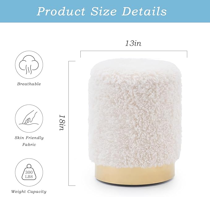 Mxfurhawa Velvet Storage Ottoman Multipurpose Footrest Stool with Metal Base Modern Round Vanity Stool Chair Ottoman Foot Stools Support 300 lbs Padded Seat for Living Room (White)
