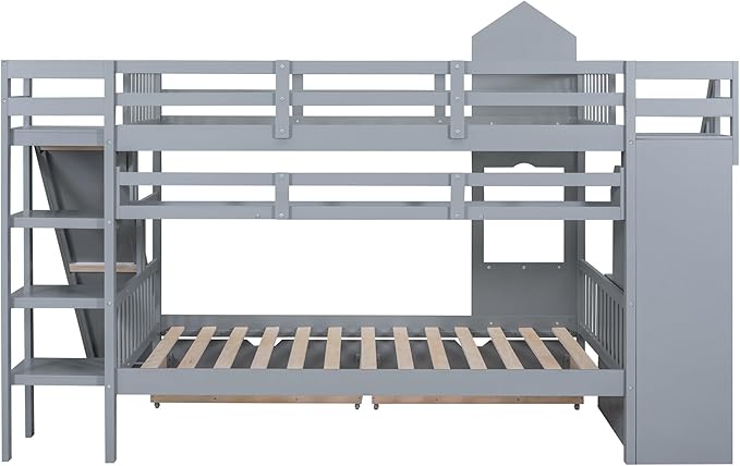 Full-Over-Full Bunk Beds Castle Style Bunk Bed with 2 Drawers 3 Shelves and Slide - Gray