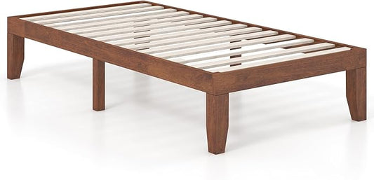 KOMFOTT 14 Inches Wood Platform Bed Frame Twin Size, Wooden Mattress Foundation with Rubber Wood Frame, Strong Wooden Slat Support, No Box Spring Needed, Bed Frame (Brown Cherry)