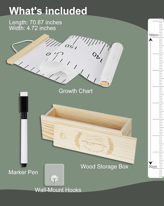 6.5FT Growth Chart for Kids with Wooden Keepsake Box - HZZHE Children Height Measurement Kit Includes Marker Pen & Wall Hook, Height Tracker Ruler Baby Essentials, Nursery Room Decor for Baby to Teen