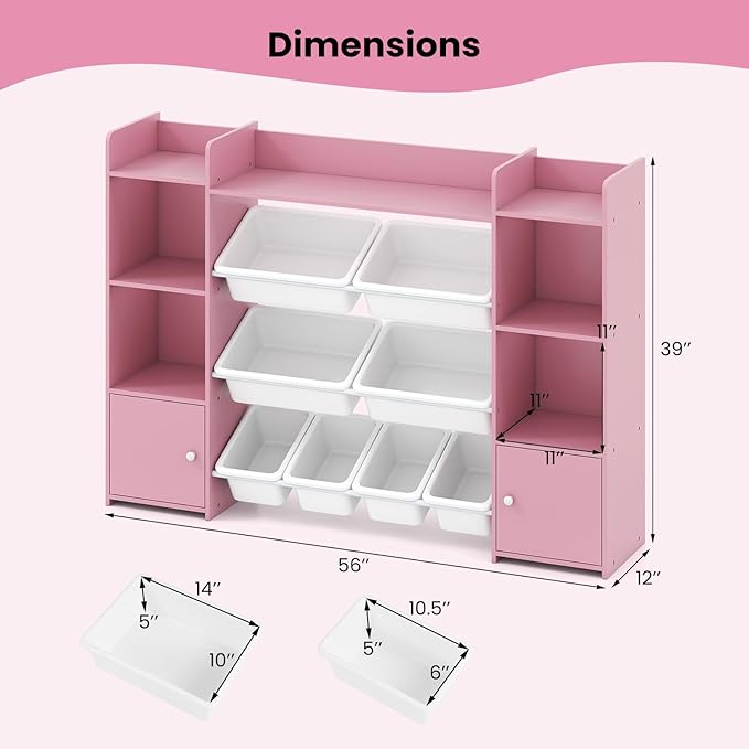 Costzon 56'' Kids Toy Storage Organizer with 8 Removable Bins, 4-Tier Toddler Bookshelf Cubbies, Preschool Children's Montessori Bookshelf w/6 Large Cabinet for Playroom, Daycare, Kids Room, Classroom