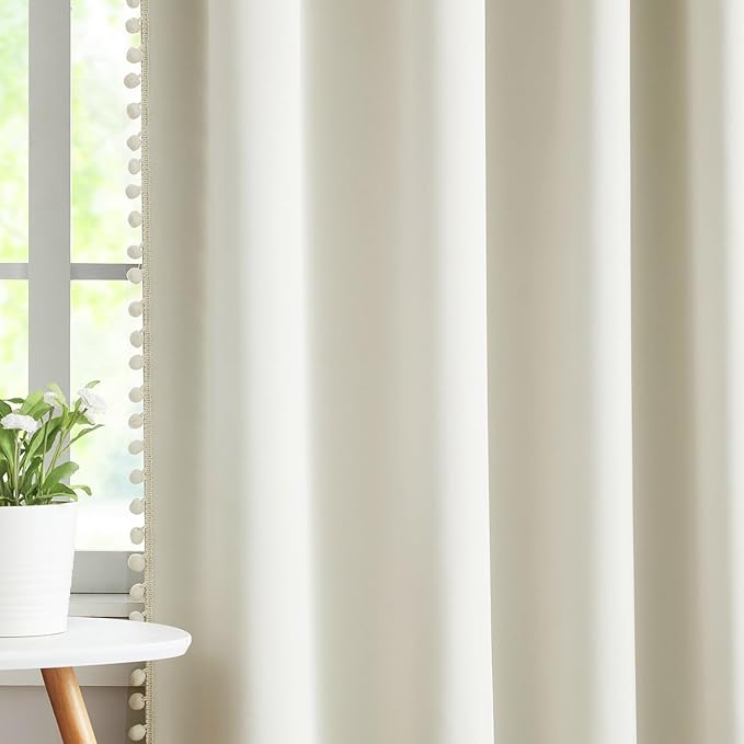 Treatmentex Full Blackout Curtains for Bedroom Natural Ivory Pom-Pom Thermal Insulated Window Drapes 63inch Length Curtain Panels for Kids Guest Room Hotel 52" Wx 2pcs Beige Rod Pocket