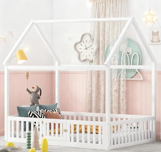 Bellemave Full House Bed for Kids, Wooden Kids bedframe with Rails and roof, Montessori Floor beds, White with Door no slats