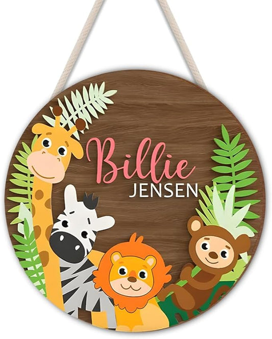 Wooden Safari Animal Name Sign – Personalized Door Hanger with Giraffe, Zebra, Monkey – Nursery Wall Art, Playroom or Baby Bedroom Décor