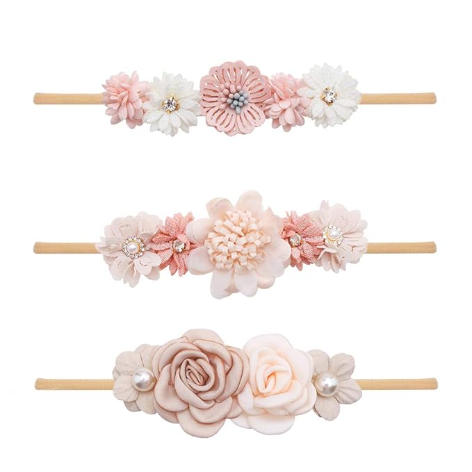 cherrboll 3pcs Baby Girl Headbands Flowers, Super Soft & Stretchy Nylon Floral Hairbands for Newborn Toddler