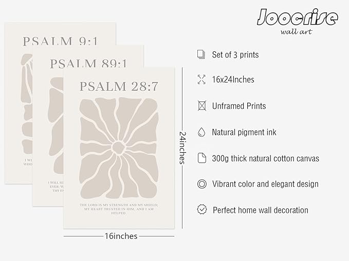 Joocrise Scripture Christian Wall Art Set of 3 Beige Bible Verses Wall Decor Neutral Psalm Canvas Wall Art Modern Pictures Flower Prints Christian Artwork for Living Room Bedroom 16x24 Inch Unframed
