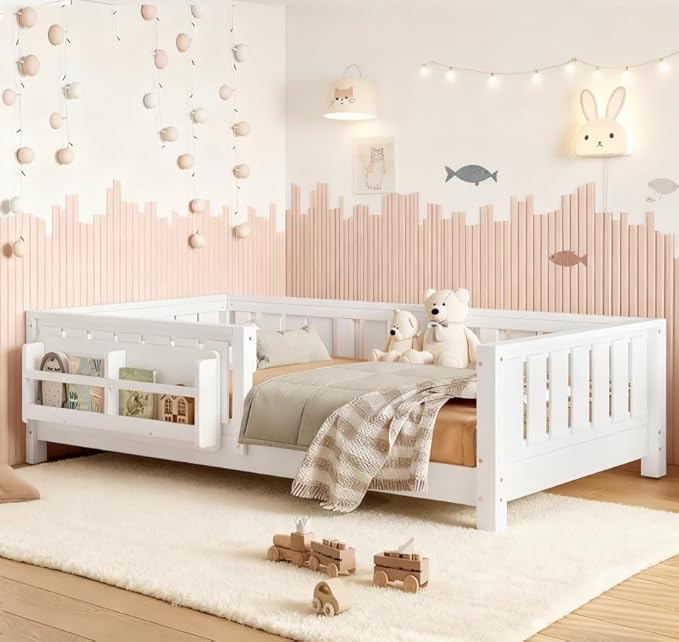 Bellemave Twin Size Floor Bed with high Rails and with Built-in Bookshelf for Kids, Girls, Boys, Wood Montessori Floor Bed Without Door, White