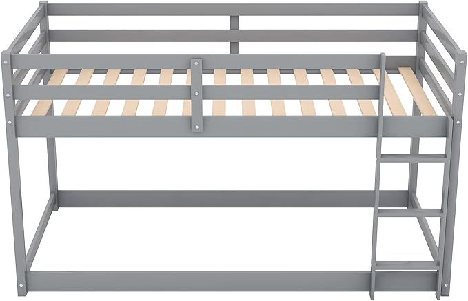 Merax Solid Wood Low Bunk Bed Frame for Kids/Toddlers/Junior, with Built-in Ladder, High Guardrail and Slats, Floor Bed Bottom Bunk, No Box Spring Needed, for Small Spaces, Twin-Over-Twin, Gray