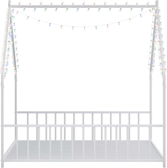 Bellemave Full Size Montessori Floor Beds with Slats for Kids, Metal Full House Bed for Kids, White with Slats and Lights