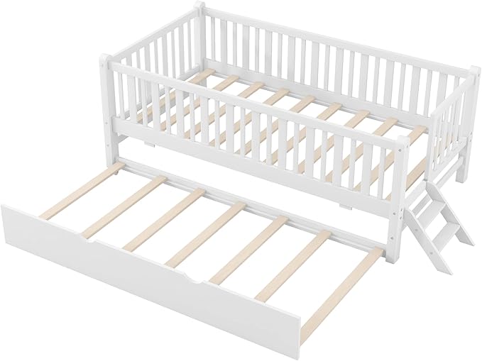 Wood Twin Size Platform Bed with Guardrail and Trundle, Kids Bed with Ladder for Bedroom, Kids Montessori Style Bed Frame for Girls Boys (White-Trundle)