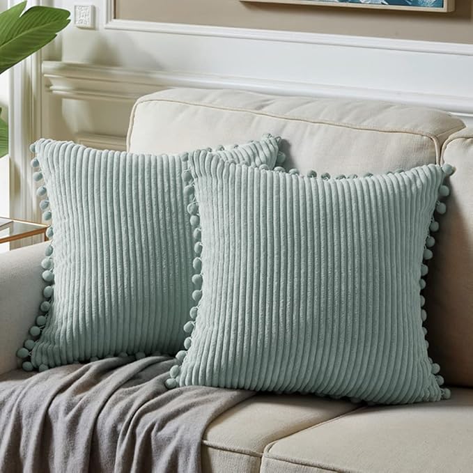 Fancy Homi 26x26 Pillow Covers Set of 2, Euro Pillow Covers with Pom-poms, Grey Blue Big Throw Pillow Covers for Couch Bedroom 66x66 cm