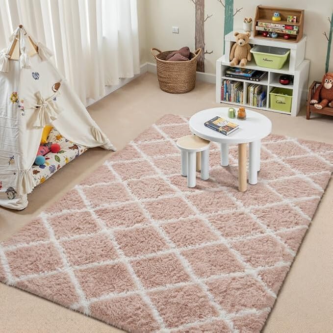 4x6 Checkered Rug for Living Room Pink and White Modern Soft Area Rug Fluffy Non-Slip Carpet for Bedroom Playroom Home Aesthetic Decor