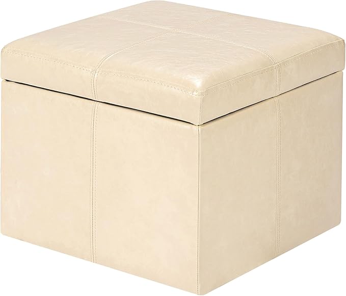 Adeco Faux Leather Cube Storage Ottoman, Beige Ottomans for Living Room, Bedroom